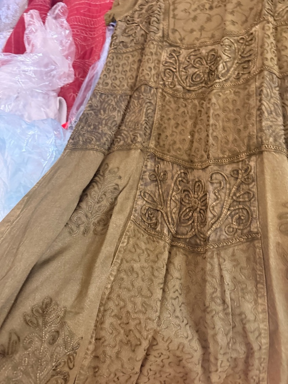 Embroidered Olive Green Boho Tunic and skirt set embroidered rayon 90s New - Picture 2 of 3
